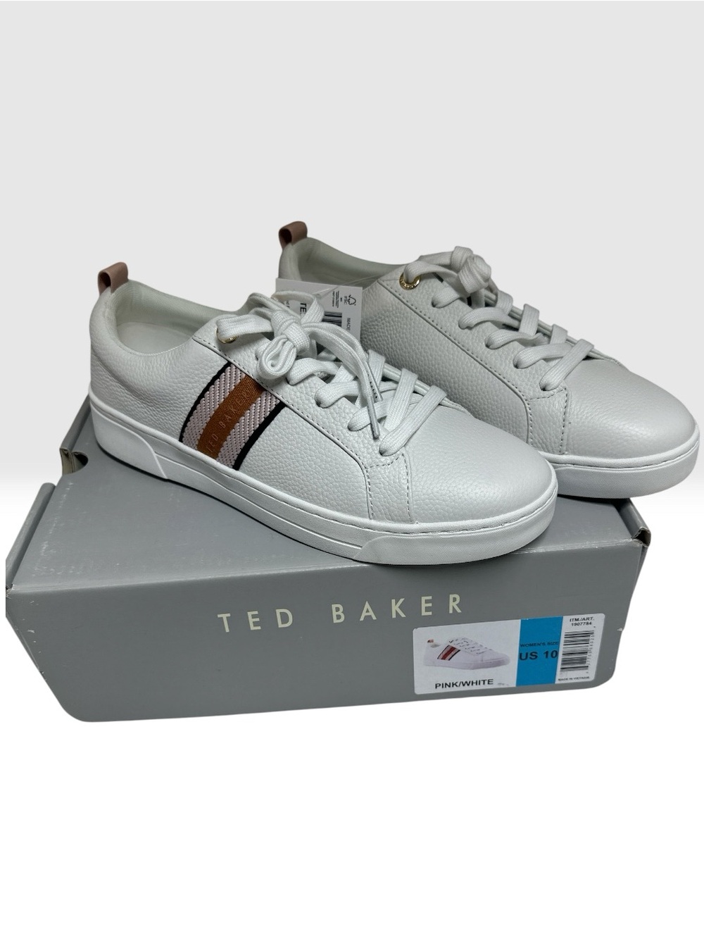 Ted Baker White Leather Sneakers with Pink and Black Stripe